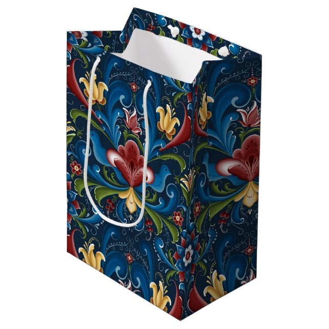 Sac Cadeau Moyen Motif d'art populaire scandinave Floral bleu (Devant Angle)