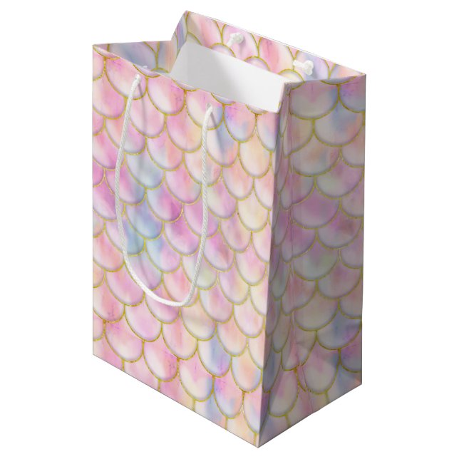 Sac Cadeau Moyen Motif de balance de sirène Pastel Iridescente (Devant Angle)
