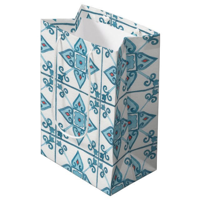 Sac Cadeau Moyen Motif de carreaux bleus marocain (Devant Angle)