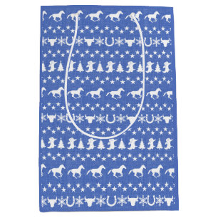 Sac Cadeau Moyen Motif de cheval de Noël rustique de campagne bleu