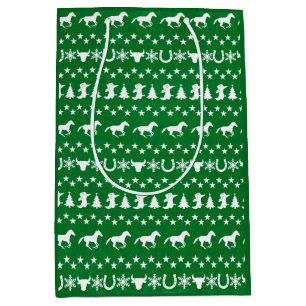 Sac Cadeau Moyen Motif de cheval de Noël rustique de campagne vert