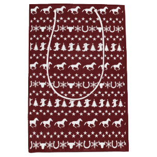 Sac Cadeau Moyen Motif de cheval de Noël rustique rouge