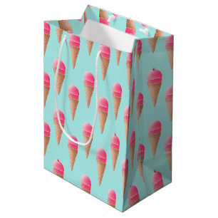 Sac Cadeau Moyen Motif de cône de crème glacée aux fraises roses, b
