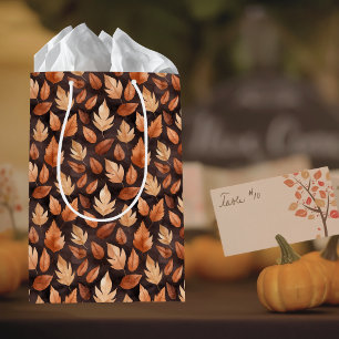 Sac Cadeau Moyen Motif de feuille d'automne marron ambre doré