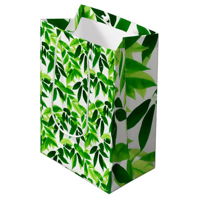 Sac Cadeau Moyen Motif de feuilles vertes (Devant Angle)