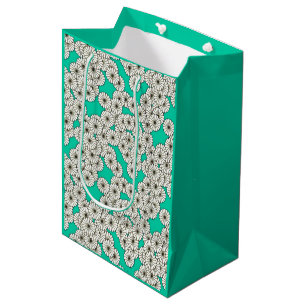 Sac Cadeau Moyen Motif de fleurs Art déco - blanc sur turquoise