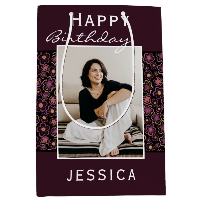 Sac Cadeau Moyen Motif de fleurs photo Joyeux anniversaire (Devant)