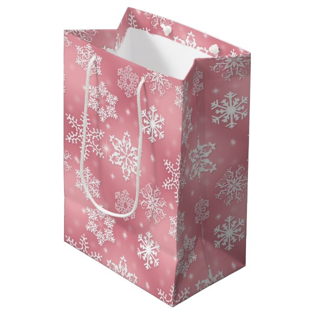 Sac cadeau moyen motif de flocon rose (Devant Angle)