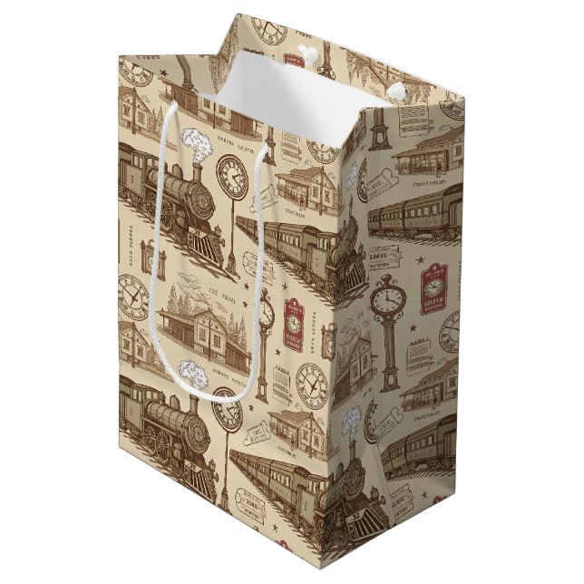 Sac Cadeau Moyen Motif de gare ferroviaire vintage (1) (Devant Angle)