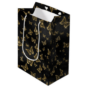 Sac Cadeau Moyen Motif de glam or et papillons noirs