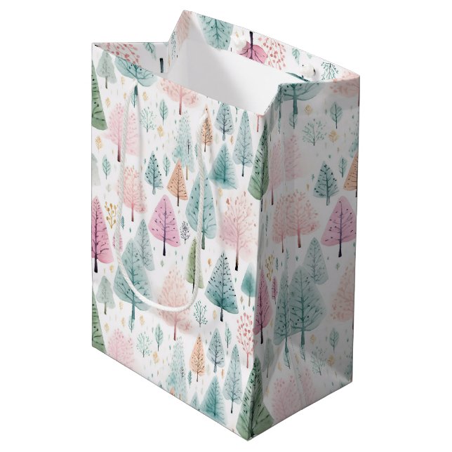 Sac Cadeau Moyen Motif de la forêt d'aquarelle de Noël (Devant Angle)