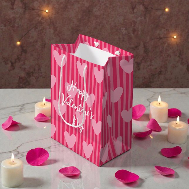 Sac Cadeau Moyen Motif de la Saint-Valentin avec des rayures roses  (Créateur téléchargé)