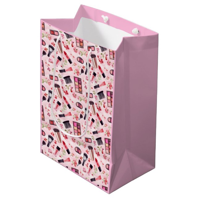 Sac Cadeau Moyen Motif de maquillage aquarelle avec fleurs roses (Devant Angle)