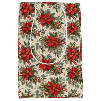 Sac Cadeau Moyen Motif de Noël élégant à poinsettia