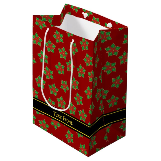 Sac Cadeau Moyen Motif de Noël Poinsettia (Devant Angle)