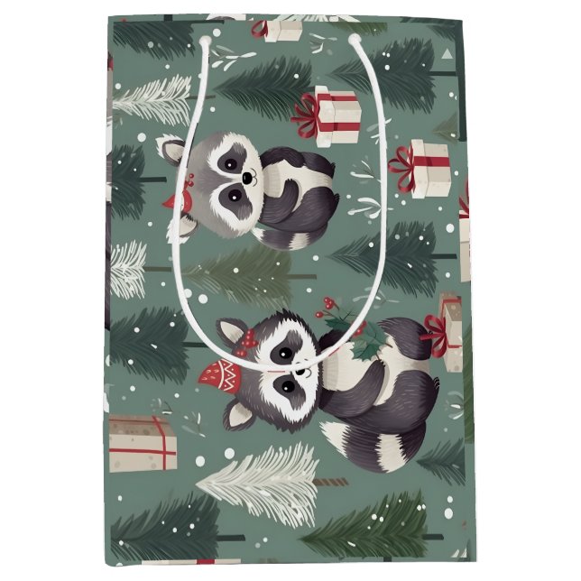 Sac Cadeau Moyen Motif de Noël Raccoon (Devant)