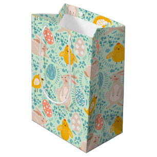 Sac Cadeau Moyen Motif de Pâques avec oeufs, lapin, poussin, fleurs