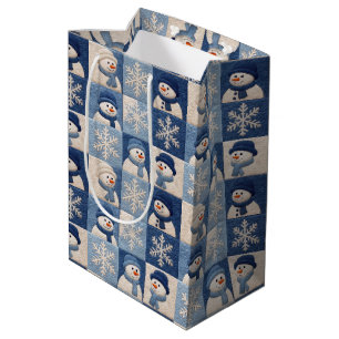 Sac Cadeau Moyen Motif de patchwork de bonshommes de neige et de fl