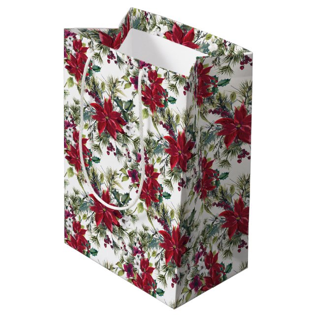 Sac Cadeau Moyen Motif de poinsettia à l'aquarelle  (Dos Angle)