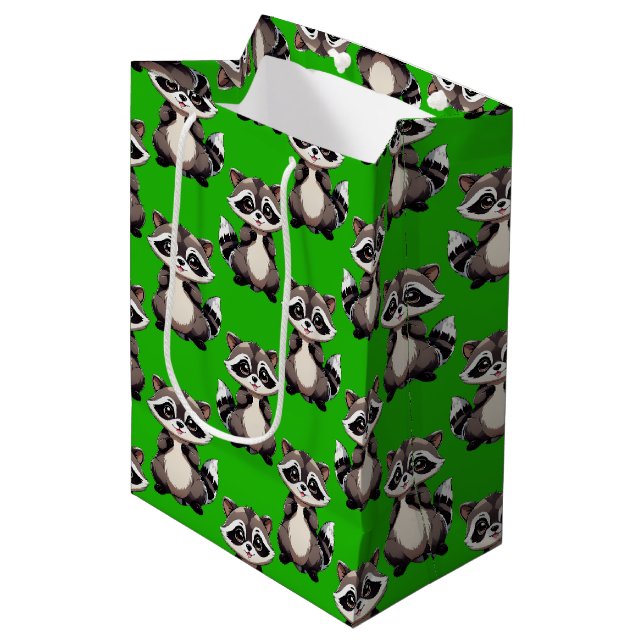 Sac Cadeau Moyen Motif de Raton Laveur Vert  (Devant Angle)