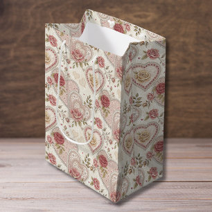 Sac Cadeau Moyen Motif de rose à cœurs festonnés brun ivoire vintag