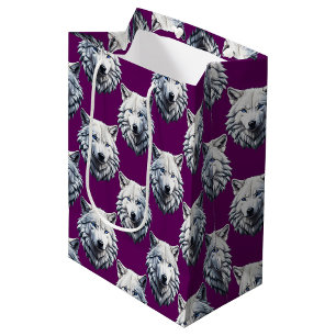 Sac Cadeau Moyen Motif de tête de loup blanc design violet 