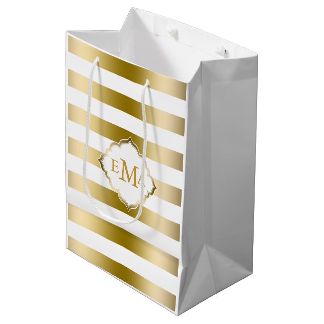 Sac Cadeau Moyen Motif de tons or et de bandes blanches monogrammes (Devant Angle)