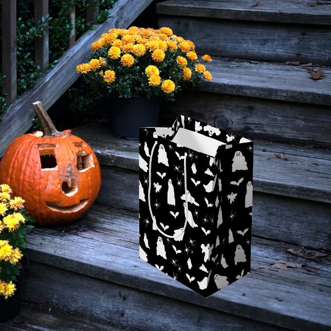 Sac Cadeau Moyen Motif d'Halloween, chauves-souris et araignées (Cute Ghost, Bats & Spiders Halloween Pattern Medium Gift Bag)