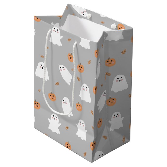 Sac Cadeau Moyen Motif d'Halloween gris et gris Citrouille (Devant Angle)