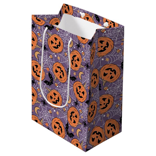 Sac Cadeau Moyen Motif d'Halloween violet Jack-O-lanterne (Devant Angle)