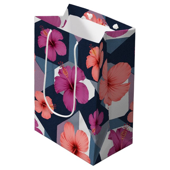 Sac Cadeau Moyen Motif d'Hibiscus Tropical Côtier (8) (Devant Angle)