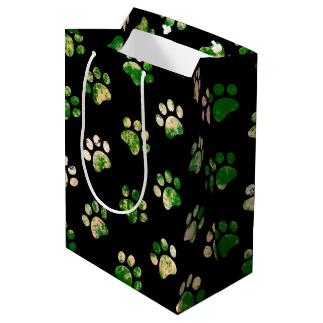Sac Cadeau Moyen Motif Empreinte de patte texturé noir vert (Dos Angle)