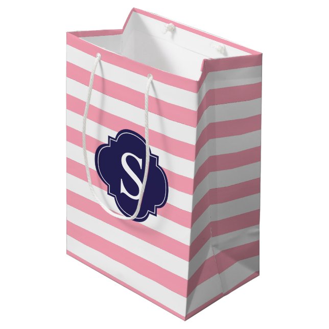 Sac Cadeau Moyen Motif et monogramme rose et bleu (Devant Angle)