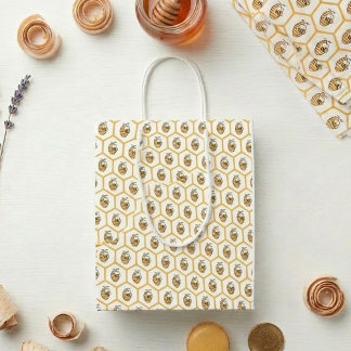 Sac Cadeau Moyen Motif fantaisiste d'abeille à miel et d'hexagone e