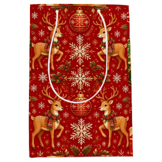 Sac Cadeau Moyen Motif festif de Noël avec rennes et ornements – T