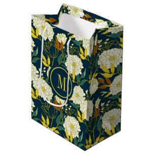 Sac Cadeau Moyen Motif feuille aux fleurs blanches