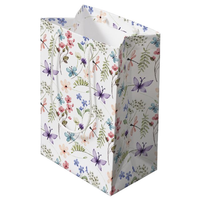Sac Cadeau Moyen Motif Fleur sauvage d'aquarelle féminine blanche (Dos Angle)