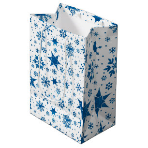 Sac Cadeau Moyen Motif Flocon de Neige Bleu
