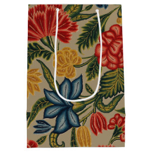 Sac Cadeau Moyen Motif floral au point de crewel rouge et or vintag
