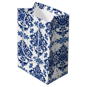 Sac Cadeau Moyen Motif floral baroque bleu royal et blanc de luxe