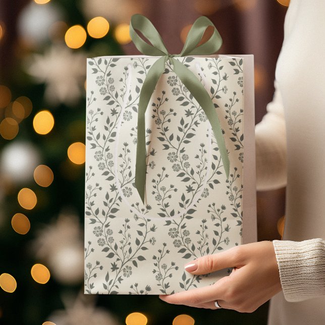 Sac Cadeau Moyen Motif floral bohème minimaliste crème sauge élégan (Créateur téléchargé)