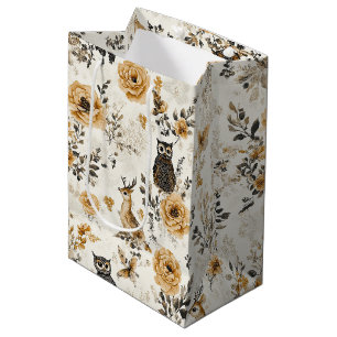 Sac Cadeau Moyen Motif floral de hibou beige de campagne française
