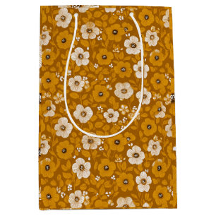 Sac Cadeau Moyen Motif floral moutarde fleuri ton chaud rétro