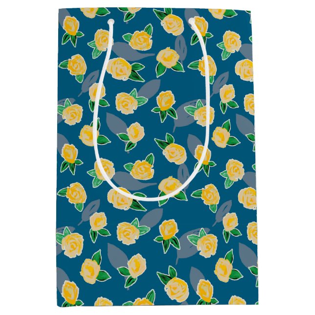 Sac Cadeau Moyen Motif floral rose jaune (Devant)
