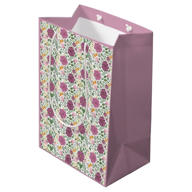 Sac Cadeau Moyen Motif Floral tendance rose jaune pourpre vert (Dos Angle)