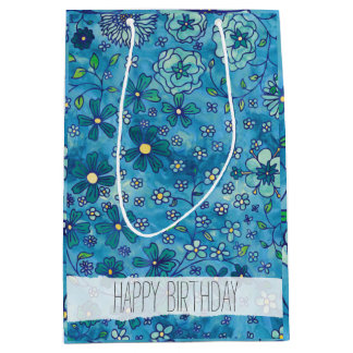 Sac Cadeau Moyen Motif floral tiré par la main bleu d'aquarelle