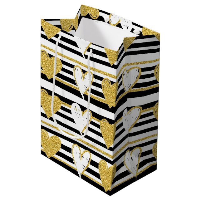 Sac Cadeau Moyen Motif Glam Cœur Doré Rayure Noire (1) (Devant Angle)