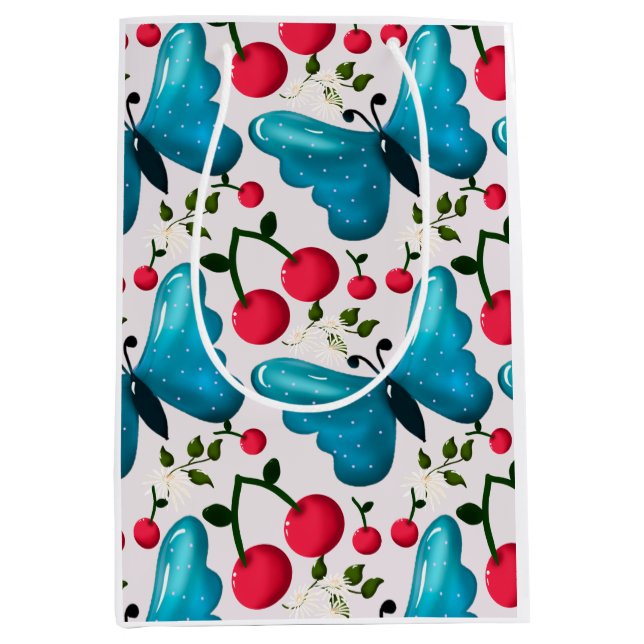 Sac Cadeau Moyen Motif joli papillon Cerise, Fruit Kawaii brillant (Devant)