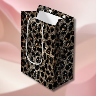 Sac Cadeau Moyen Motif léopard or noir brun pailleté de luxe