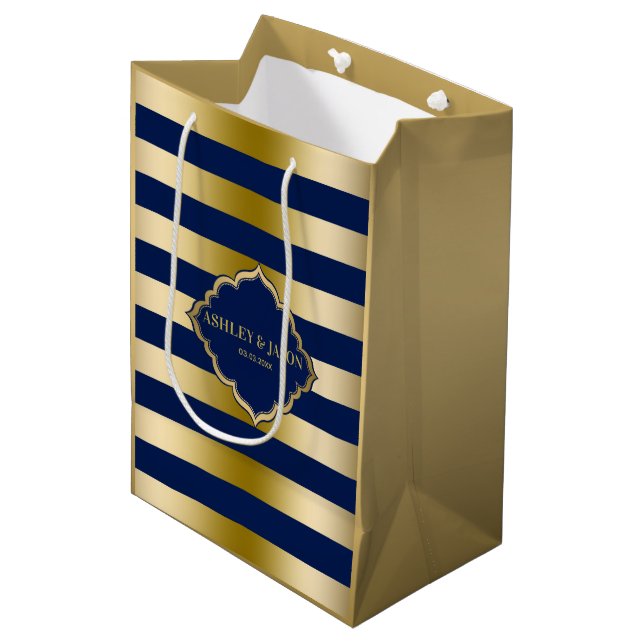 Sac Cadeau Moyen Motif Monogramme Gold & Blue Stripes (Devant Angle)